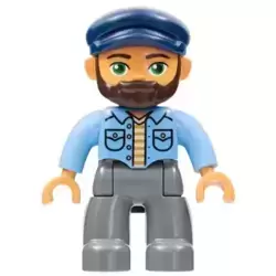 Duplo Figure Lego Ville, Male, Dark Bluish Gray Legs, Medium Blue Shirt, Dark Blue Cap, Beard