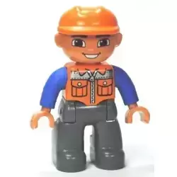 Duplo Figure Lego Ville, Male, Dark Bluish Gray Legs, Orange Vest with Zipper and Pockets, Orange Construction Helmet