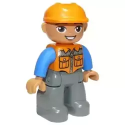 Duplo Figure Lego Ville, Male, Dark Bluish Gray Legs, Orange Vest with Zipper and Pockets, Orange Construction Helmet, Oval Eyes (6273398)
