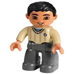 Duplo Figure Lego Ville, Male, Dark Bluish Gray Legs, Tan Sweater, Black Hair, Brown Eyes