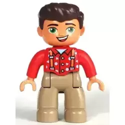 Duplo Figure Lego Ville, Male, Dark Tan Legs, Red Top with Suspenders, Dark Brown Hair