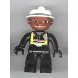 Duplo Figure Lego Ville, Male Fireman, Black Legs, Black Hands, White Helmet, Brown Face