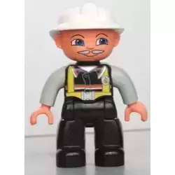 Duplo Figure Lego Ville, Male Fireman, Black Legs, Light Gray Arms, Nougat Hands, White Helmet, Light Gray Moustache