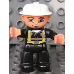 Duplo Figure Lego Ville, Male Fireman, Black Legs, Nougat Hands, White Helmet, Blue Eyes