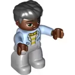 Duplo Figure Lego Ville, Male, Light Bluish Gray Legs, White and Yellow Top with Bright Light Blue Jacket, Black Hair (6362255)