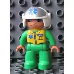 Duplo Figure Lego Ville, Male Medic, Bright Green Legs & Jumpsuit with Yellow Vest, White Helmet with EMT Star of Life Pattern