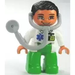 Duplo Figure Lego Ville, Male Medic, Bright Green Legs, White Top with ID Badge and EMT Star of Life Pattern, Attached Stethoscope