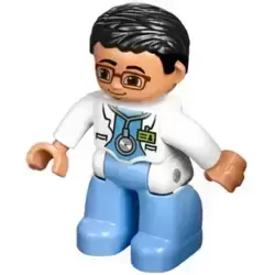 Duplo Figure Lego Ville, Male Medic, Medium Blue Legs, White Lab Coat, Stethoscope, Glasses, Black Hair