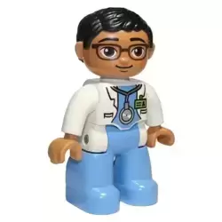 Duplo Figure Lego Ville, Male Medic, Medium Blue Legs, White Lab Coat, Stethoscope, Glasses, Black Hair, Oval Eyes