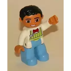 Duplo Figure Lego Ville, Male, Medium Blue Legs, Lime Striped Apron, Red Bow Tie, Black Hair