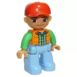 Duplo Figure Lego Ville, Male, Medium Blue Legs, Orange Vest, Dark Green Plaid Shirt, Bright Green Arms, Red Cap