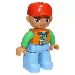 Duplo Figure Lego Ville, Male, Medium Blue Legs, Orange Vest, Dark Green Plaid Shirt, Bright Green Arms, Red Cap, Oval Eyes (6273449)