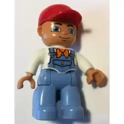 Duplo Figure Lego Ville, Male, Medium Blue Legs, White Top with Medium Blue Overalls, Bandana, Red Cap