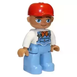 Duplo Figure Lego Ville, Male, Medium Blue Legs, White Top with Medium Blue Overalls, Bandana, Red Cap, Oval Eyes