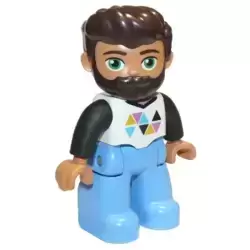 Duplo Figure Lego Ville, Male, Medium Blue Legs, White Top with Triangles, Black Arms, Dark Brown Hair and Beard