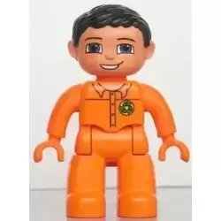 Duplo Figure Lego Ville, Male, Orange Legs, Orange Hands, Orange Top with Recycle Logo, Black Hair, Blue Eyes