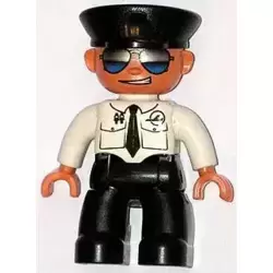 Duplo Figure Lego Ville, Male Pilot, Black Legs, White Top with Airplane Logo and Black Tie, Police Hat, Sunglasses