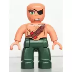 Duplo Figure Lego Ville, Male Pirate, Dark Green Legs, Nougat Top with Strap and Dynamite, Bald Head, Eye Patch
