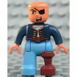 Duplo Figure Lego Ville, Male Pirate, Medium Blue Legs, Dark Blue Top with Buttons, Bald Head, Eye Patch, Peg Leg