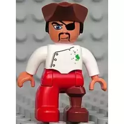 Duplo Figure Lego Ville, Male Pirate, Red Legs, White Top with Buttons and Green Spots, Reddish Brown Pirate Hat, Eye Patch, Peg Leg