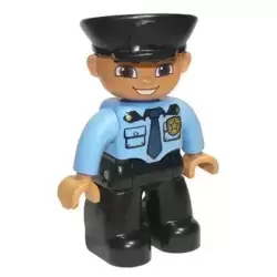 Duplo Figure Lego Ville, Male Police, Black Legs, Medium Blue Top with Badge, Black Hat