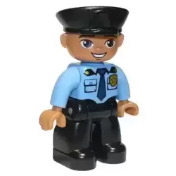 Duplo Figure Lego Ville, Male Police, Black Legs, Medium Blue Top with Badge, Black Hat, Oval Eyes