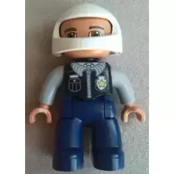 Duplo Figure Lego Ville, Male Police, Dark Blue Legs, Black Top with Badge, Light Bluish Gray Arms, White Helmet