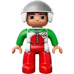 Duplo Figure Lego Ville, Male, Red Legs, Race Top with Zipper and Octan Logo, White Helmet