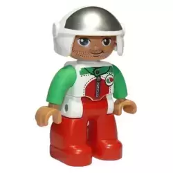Duplo Figure Lego Ville, Male, Red Legs, Race Top with Zipper and Octan Logo, White Helmet, Oval Eyes