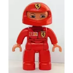Duplo Figure Lego Ville, Male, Red Legs, Red Top with Ferrari / Shell / Vodafone Pattern, Red Helmet (4233467)