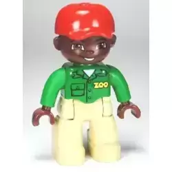 Duplo Figure Lego Ville, Male, Tan Legs, Green Top with 'ZOO' on Front and Back, Brown Head, Red Cap, Brown Head, Brown Eyes (Zoo Worker)