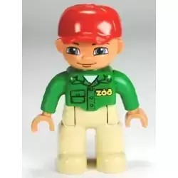 Duplo Figure Lego Ville, Male, Tan Legs, Green Top with 'ZOO' on Front and Back, Red Cap, Blue Eyes (Zoo Worker)