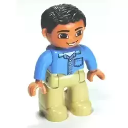Duplo Figure Lego Ville, Male, Tan Legs, Medium Blue Shirt with Pocket and 4 Buttons, Black Hair