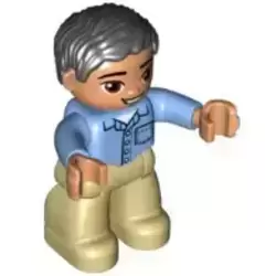 Duplo Figure Lego Ville, Male, Tan Legs, Medium Blue Shirt with Pocket and 4 Buttons, Black Hair, Oval Eyes