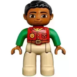 Duplo Figure Lego Ville, Male, Tan Legs, Red Shirt, Black Hair, Bright Green Arms