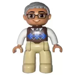 Duplo Figure Lego Ville, Male, Tan Legs, Reddish Brown Argyle Sweater Vest, White Arms, Light Bluish Gray Hair, Glasses
