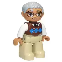 Duplo Figure Lego Ville, Male, Tan Legs, Reddish Brown Argyle Sweater Vest, White Arms, Light Bluish Gray Hair, Glasses, Oval Eyes