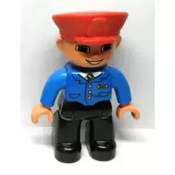 Duplo Figure Lego Ville, Male Train Conductor, Black Legs, Blue Jacket with Tie, Nougat Hands, Red Hat, Smile with Teeth