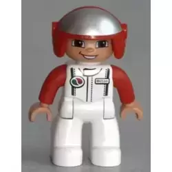 Duplo Figure Lego Ville, Male, White Legs, White Race Top with Octan Logo, Red Helmet