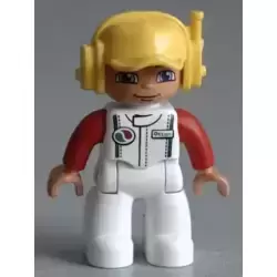 Duplo Figure Lego Ville, Male, White Legs, White Race Top with Octan Logo, Yellow Cap with Headset
