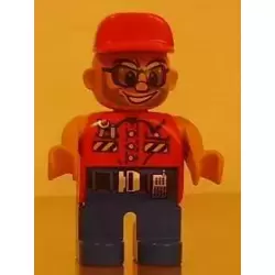 Duplo Figure, Male Action Wheeler, Blue Legs, Red Top with Wrench, Red Cap, Sunglasses, Beard