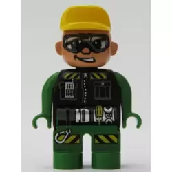 Duplo Figure, Male Action Wheeler, Green Legs, Green Top, Yellow Hat, Glasses (Construction Worker Driver)