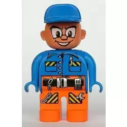 Duplo Figure, Male Action Wheeler, Orange Legs with Belt, Blue Top with Pen, Chain, Radio, and Wrench, Blue Cap
