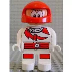 Duplo Figure, Male Action Wheeler, White Legs, White Top with Racer Red Lightning Bolt and Lines, Red Helmet with Large Eyes (4141889)
