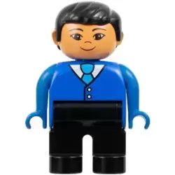 Duplo Figure - Male, Adult Man, Black Legs, Blue Top with Buttons and Tie Pattern, Black Hair, Nougat Head (75497)