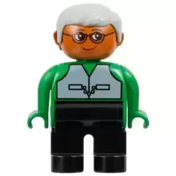 Duplo Figure - Male, Adult Man, Black Legs, Green Top with Vest Pattern, Gray Hair, Dark Orange Head (75511)