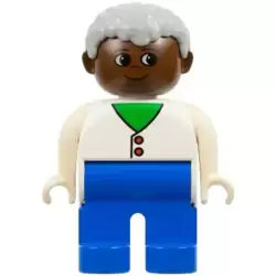 Duplo Figure - Male, Adult Man, Blue Legs, White Top with Buttons over Shirt Pattern, Light Gray Hair, Brown Head (75505)