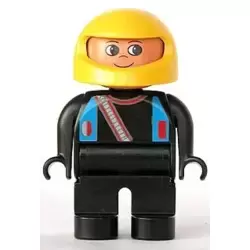 Duplo Figure, Male, Black Legs, Black Top with Blue Straps and Racer Diagonal Zipper, Yellow Racing Helmet