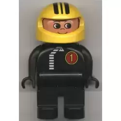 Duplo Figure, Male, Black Legs, Black Top with White Zipper and Racer #1, Yellow Helmet with Black Stripes