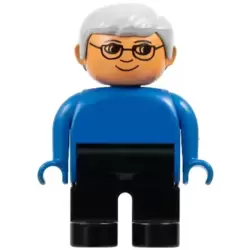 Duplo Figure, Male, Black Legs, Blue Top, Gray Hair, Glasses